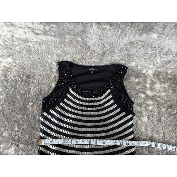 Heaven Sz 8 Beaded Sleeveless Stripes Sheath Knee Length Dress Black Silver Mesh - Picture 7 of 11